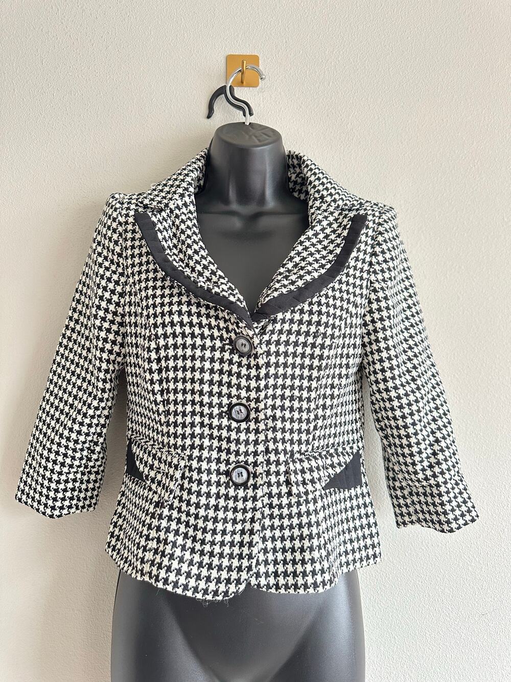 Vintage 90s Houndstooth Blazer Jacket 6P Black White Tweed | Retro Secretary